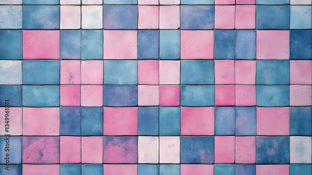 Abstract mosaic tile pattern, seamless background. Vector cartoon illustration of pink, light dark blue squares in oriental ornament, interior wall or floor design element, eastern ethnic decoration Abstract mosaic tile pattern, seamless background. Vector cartoon illustration of pink, light dark blue squares in oriental ornament, interior wall or floor design element, eastern ethnic decoration