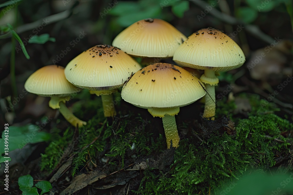 Cluster of pale yellow mushrooms emerging from moss in a forest setting Cluster of pale yellow mushrooms emerging from moss in a forest setting
