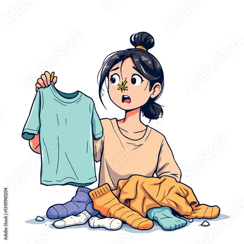 Young woman holding smelly clothes with disgusted expression, laundry day gone wrong