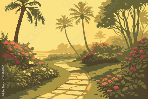 79 Tropical paradise pathway, lush palm trees, vibrant colorful flowers, sunlit garden path, exotic botanical garden, dappled sunlight, golden hour glow, verdant foliage, summer vacation atmosphere, i