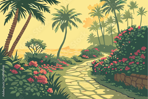 79 Tropical paradise pathway, lush palm trees, vibrant colorful flowers, sunlit garden path, exotic botanical garden, dappled sunlight, golden hour glow, verdant foliage, summer vacation atmosphere, i