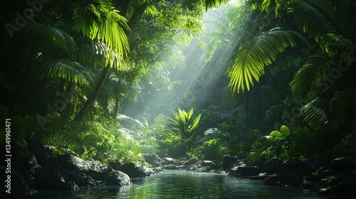 Sun-Dappled Jungle: A vibrant depiction of a lush, dense jungle, illuminated by shafts of sunlight piercing through the canopy, creating a magical, ethereal atmosphere.