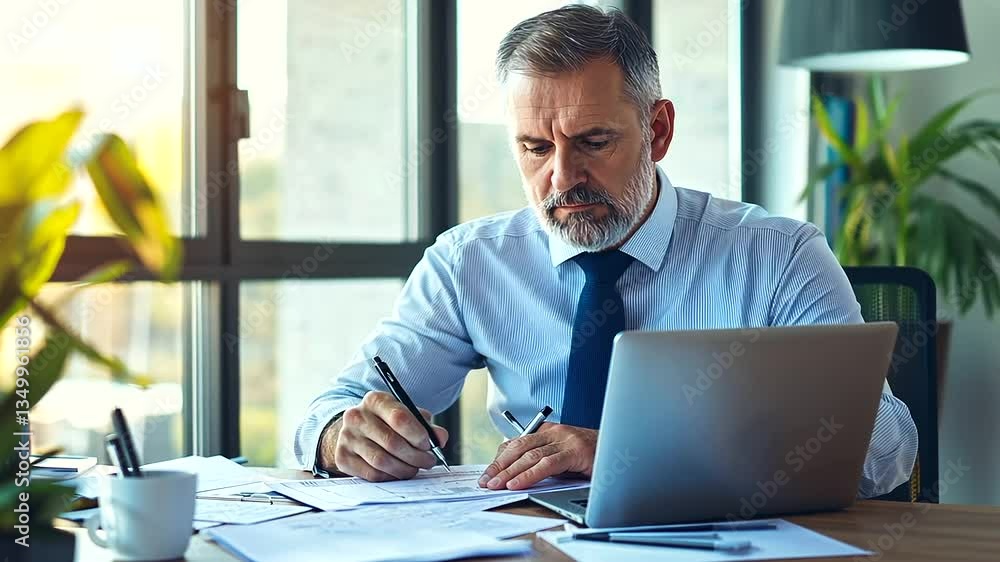 Dedicated professional concentrating intently on tasks at his workspace. Dedicated professional concentrating intently on tasks at his workspace.