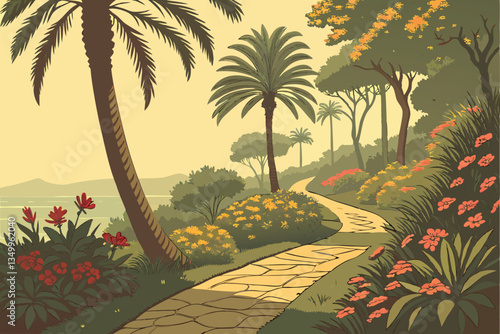 79 Tropical paradise pathway, lush palm trees, vibrant colorful flowers, sunlit garden path, exotic botanical garden, dappled sunlight, golden hour glow, verdant foliage, summer vacation atmosphere, i