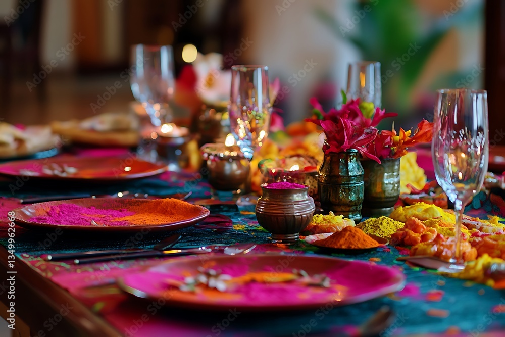 A Festive Dining Table Decorated with Vibrant Holi Colors and Food A Festive Dining Table Decorated with Vibrant Holi Colors and Food