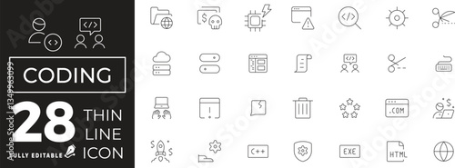 Coding Icon set of web and mobile in thin line style. Programming & coding Icons & Symbols Containing Code, api, programmer, developer, information technology, and more