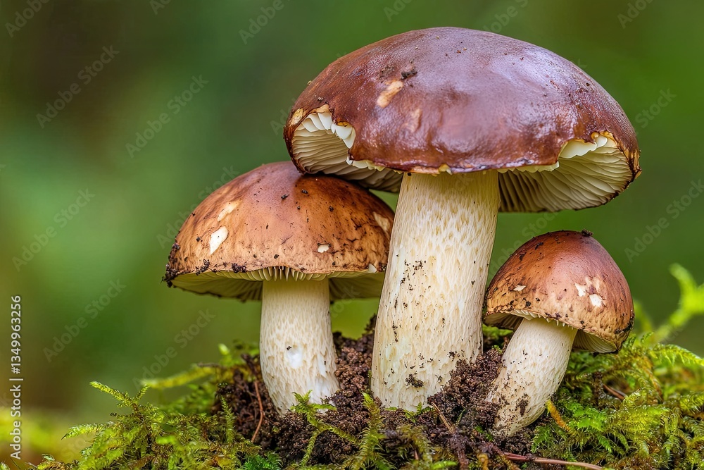 Three brown mushrooms cluster on mossy ground Three brown mushrooms cluster on mossy ground