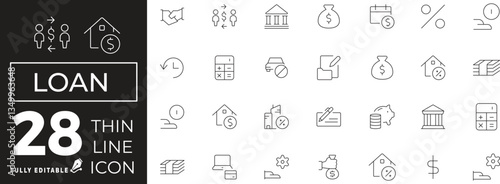 Loan Icon set of web and mobile in thin line style. business loan and credit Icons & Symbols Containing loan, money, credit rating, business, interest, calculator, marketing and more