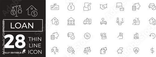 Loan Icon set of web and mobile in thin line style. business loan and credit Icons & Symbols Containing loan, money, credit rating, business, interest, calculator, marketing and more