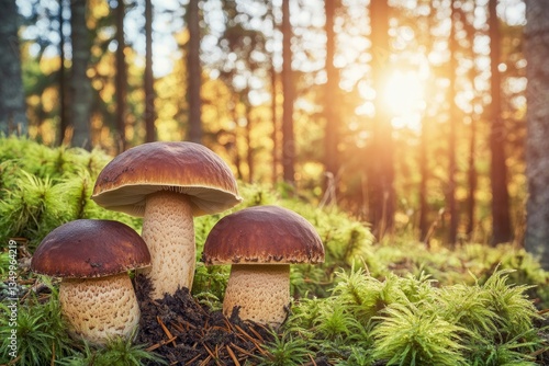 Three edible mushrooms nestled in mossy forest at sunset