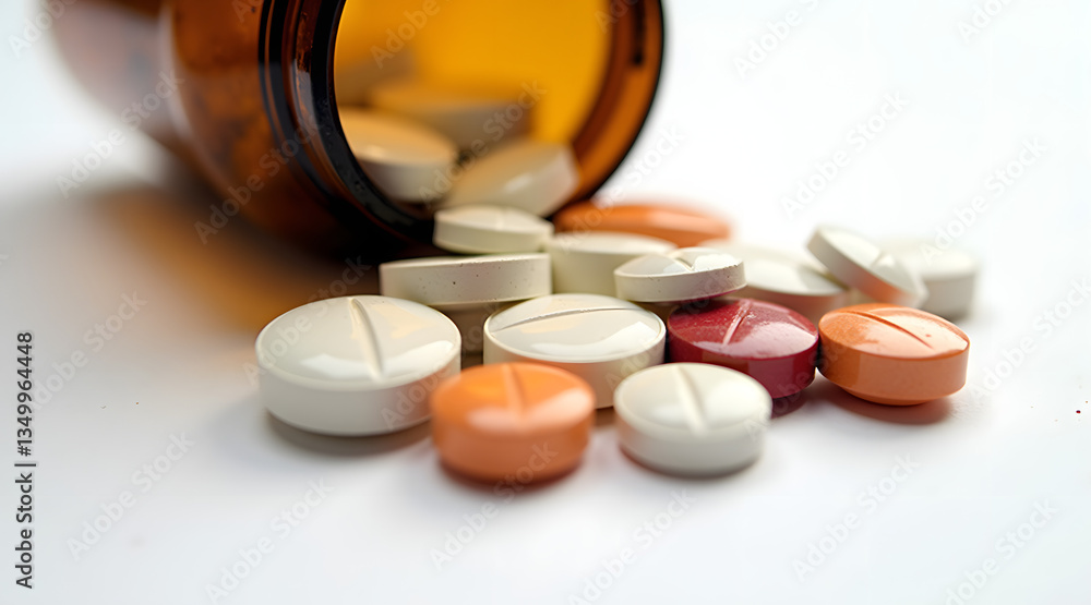 variety of colorful pills scattered around a tipped-over amber bottle representing medication and health care themes variety of colorful pills scattered around a tipped-over amber bottle representing medication and health care themes