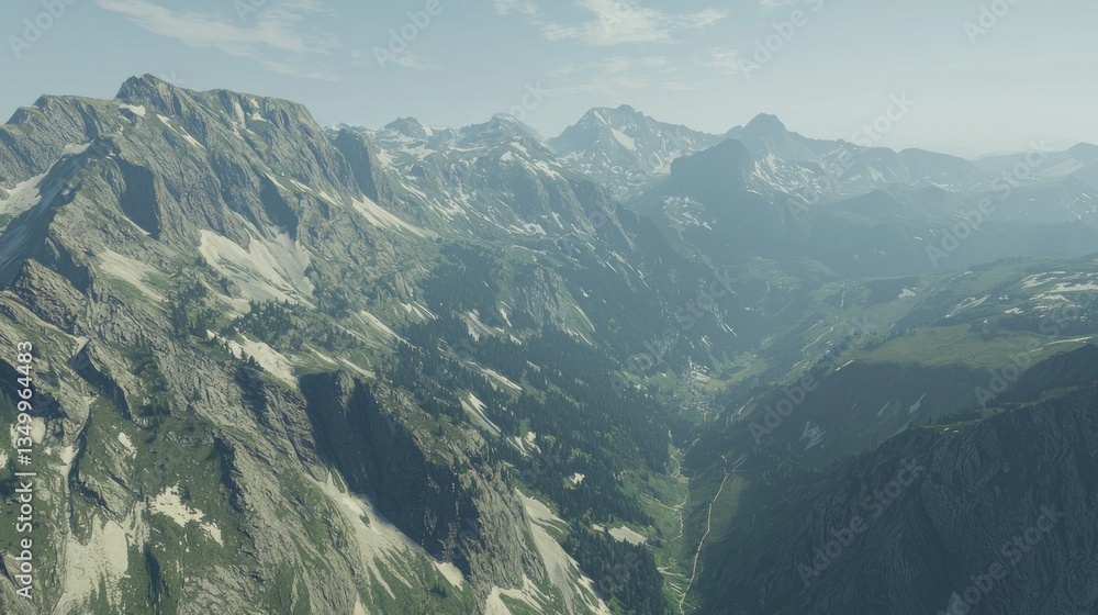 Alpine valley panorama, mountain range, sunny day, scenic view Alpine valley panorama, mountain range, sunny day, scenic view