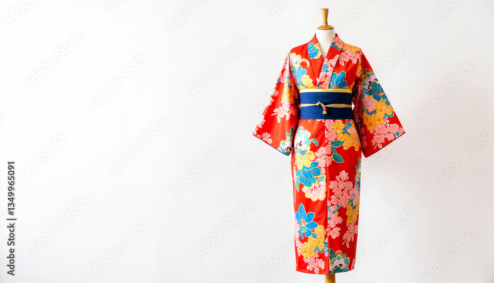 Naklejka premium Colorful kimono displayed on mannequin in boutique, fashion elegance