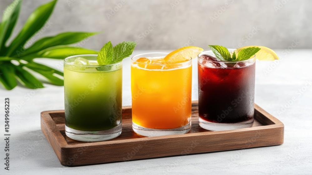 Fototapeta premium tropical drink display, colorful summer asian drinks on a tray with tropical leaves and warm sunlight in the background