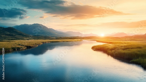 Wallpaper Mural Serene Sunset River Scene: A tranquil river gracefully meanders through a lush landscape under a vibrant sunset. Torontodigital.ca