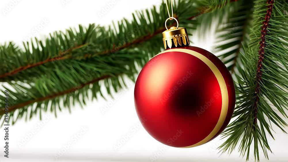 Red christmas ornament hanging from fir tree. Christmas tree with a ball toy. A table with spruce and branches. A crimson holiday decoration suspended from a lifestyle fir tree. Red christmas ornament hanging from fir tree. Christmas tree with a ball toy. A table with spruce and branches. A crimson holiday decoration suspended from a lifestyle fir tree.