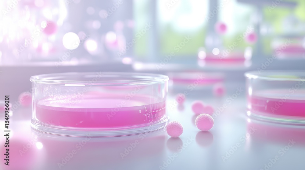 Abstract scientific medical background with floating molecules, transparent petri dishes, and digital data streams, soft blurred light effects creating a futuristic lab atmosphere. Abstract scientific medical background with floating molecules, transparent petri dishes, and digital data streams, soft blurred light effects creating a futuristic lab atmosphere.