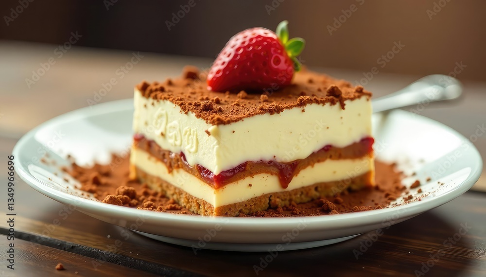 A single serving of tiramisu, dusted with cocoa , food photography, creamy, chocolate