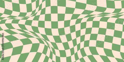 Seamless green checkerboard pattern. Repeating distorted checkered texture. Groovy trippy abstract background. Vintage retro style wallpaper for textile, fabric, wrapping paper. Vector check surface