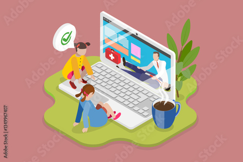 3D Isometric Flat Vector Illustration of Life Saving And Healthcare, Kids Learning First Aid Skills Online For Training Purposes