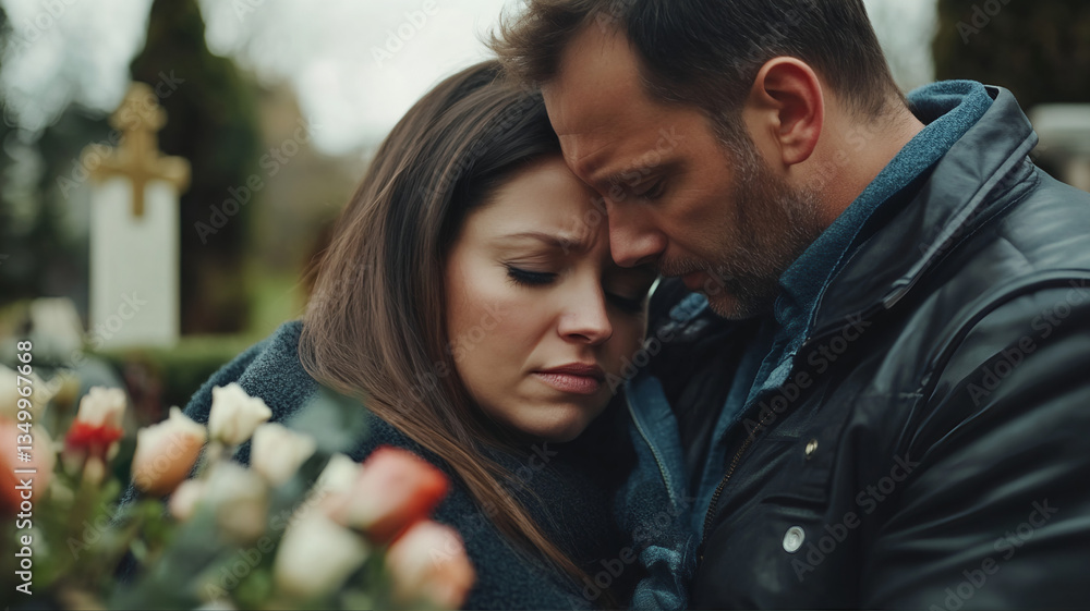 Obraz premium Lost of a loved one, bereavement. Couples consoling eachother after the lost of a love one in death. mourners mourning the death of a person at funeral ceremony. 