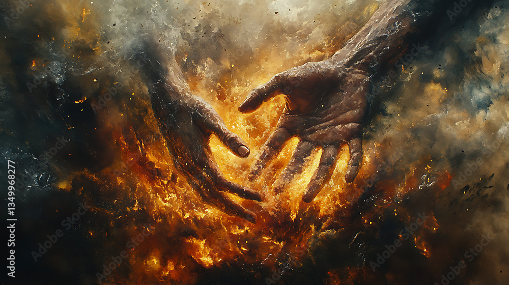 Naklejka premium A dramatic perspective of hands grasping in desperation at the edge of a collapsing pit, fire reflecting in the swirling dust, the silent weight of divine justice captured in a single moment,