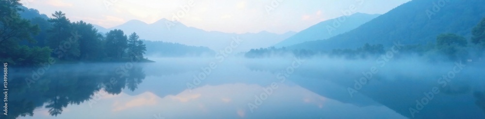 Fototapeta premium Soft blue light of morning fog rolling over a peaceful lake, nature, mist
