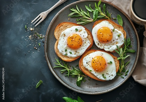 Delicious Breakfast of Eggs on Toast Served With a Cup of Coffee on a Dark Table