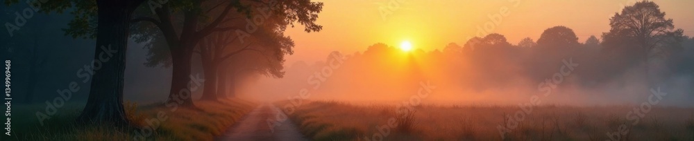 Fototapeta premium Soft fog veils centuries old woods, sunrise warms the air, nature, serene, dawn