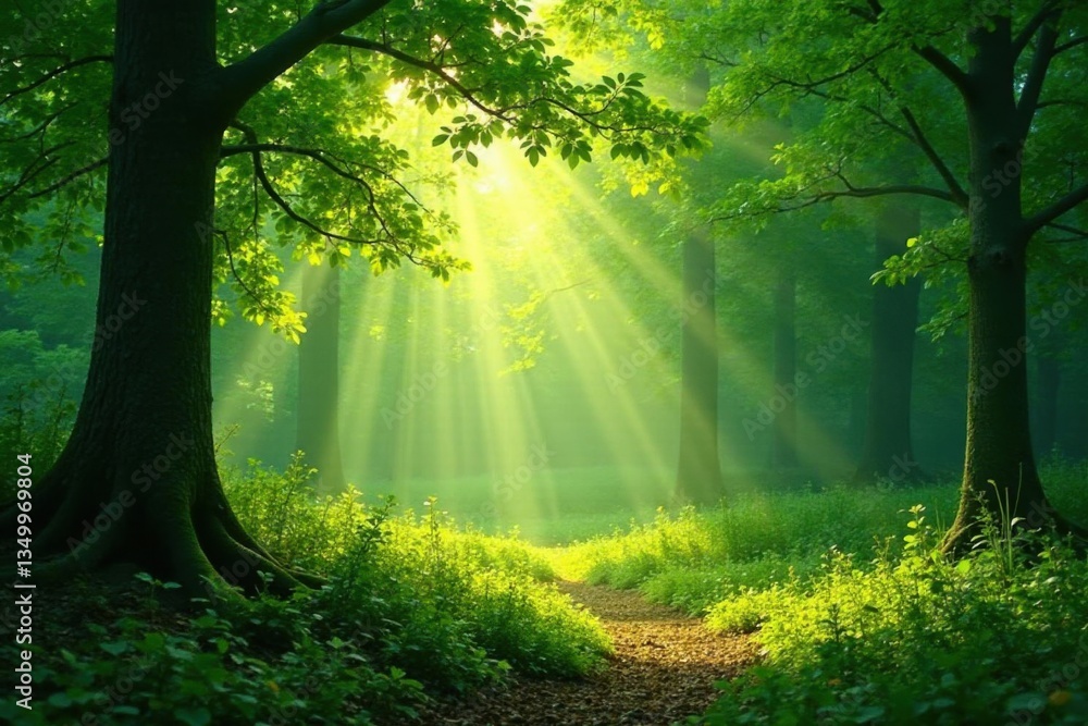 Fototapeta premium Soft green forest with sunbeams dancing through leaves and branches, creating dappled light on forest floor, sunlight filtering, natural light, forest