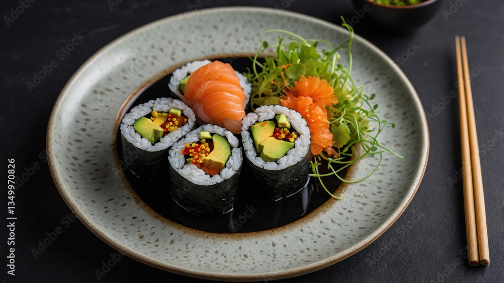 Salmon and avocado maki resting on a plate with soy sauce and sprouts Salmon and avocado maki resting on a plate with soy sauce and sprouts
