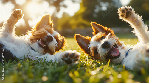 Two playful dogs engaging in joyful wrestling and playtime activities on a lush green grass field under bright sunny skies.