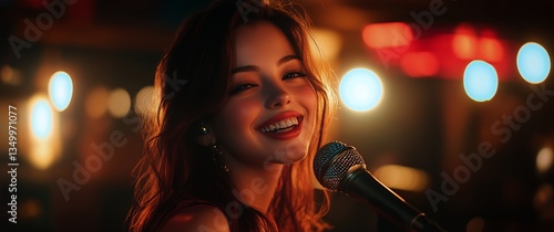 Smiling Singer Performs Joyful Music in Vibrant Nightlife Setting While Engag...