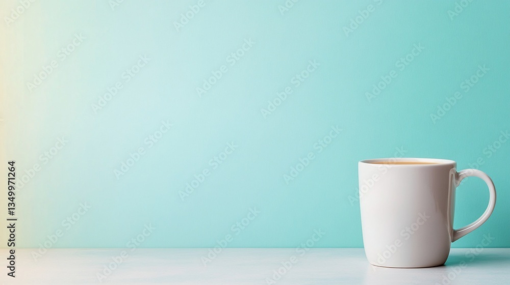 Obraz premium White mug of coffee sits on surface with teal background, simple, serene