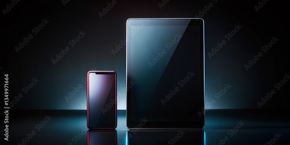 Silhouette of Modern Tablet and Smartphone on Dark Background - Minimalist Tech Stock Photo Silhouette of Modern Tablet and Smartphone on Dark Background - Minimalist Tech Stock Photo
