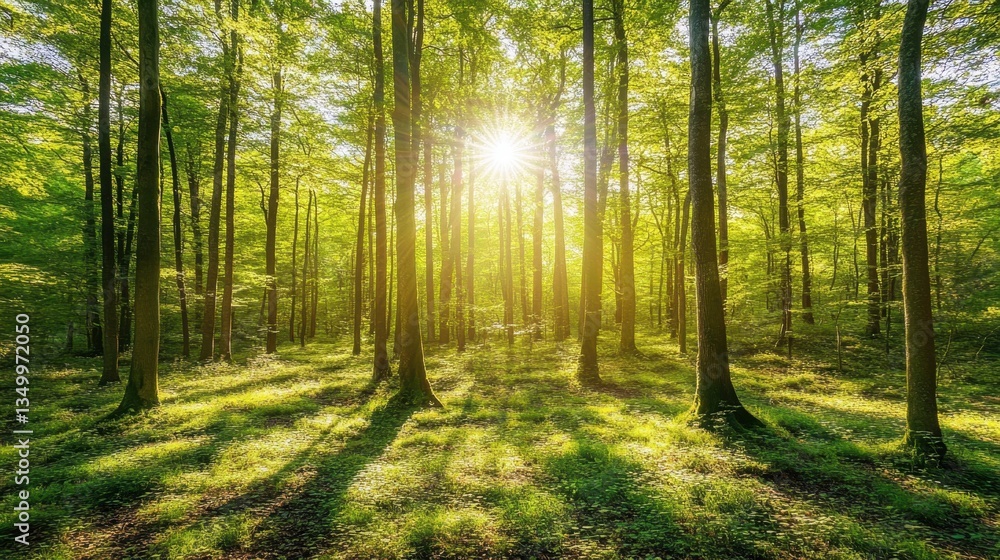 Fototapeta premium Sunlit Forest Canopy: A picturesque forest scene captures sunlight filtering through dense green canopy creating a mesmerizing display of light and shadow.