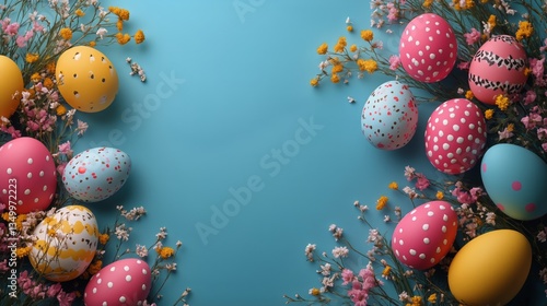 Colorful Decorated Eggs Surrounded by Flowers for Spring Celebration
