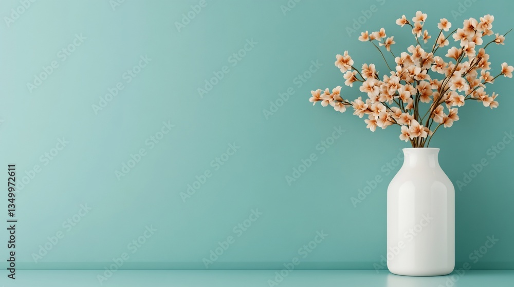 White vase with flowers, mint background, minimalist style White vase with flowers, mint background, minimalist style
