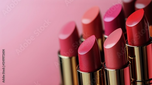 Colorful Array of Lipsticks Arranged Neatly on a Pink Background for a Vibrant Beauty Display