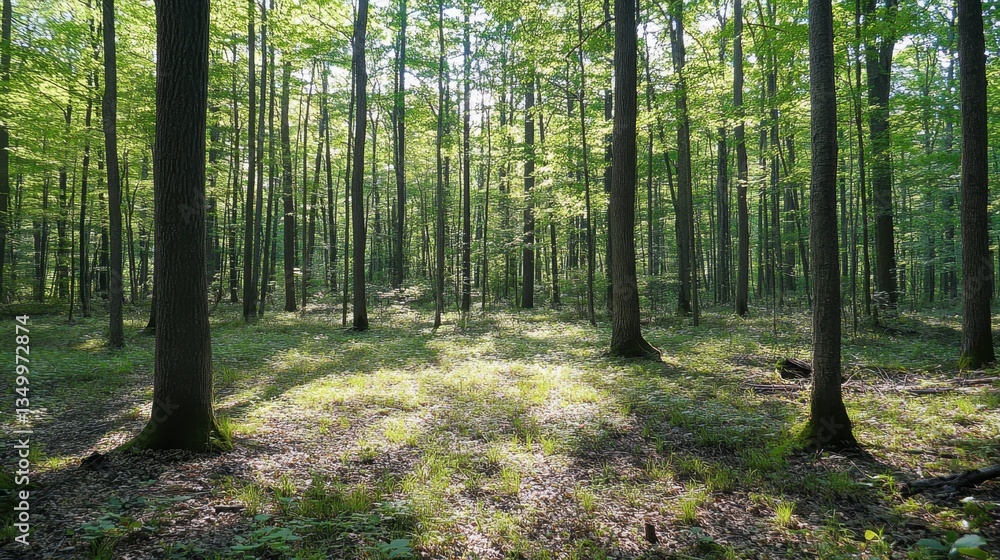Naklejka premium Sun-Dappled Forest Canopy: Capture the beauty of a sun-drenched forest canopy with sunlight filtering through the leaves, creating an enchanting environment