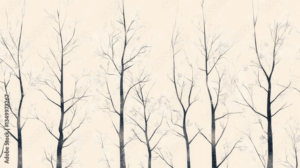 Fototapeta premium Winter Tree Silhouette Light Tan Background - Serene winter landscape, minimalist design, five bare trees, light tan background, peaceful atmosphere. Symbolizing: stillness, nature, winter