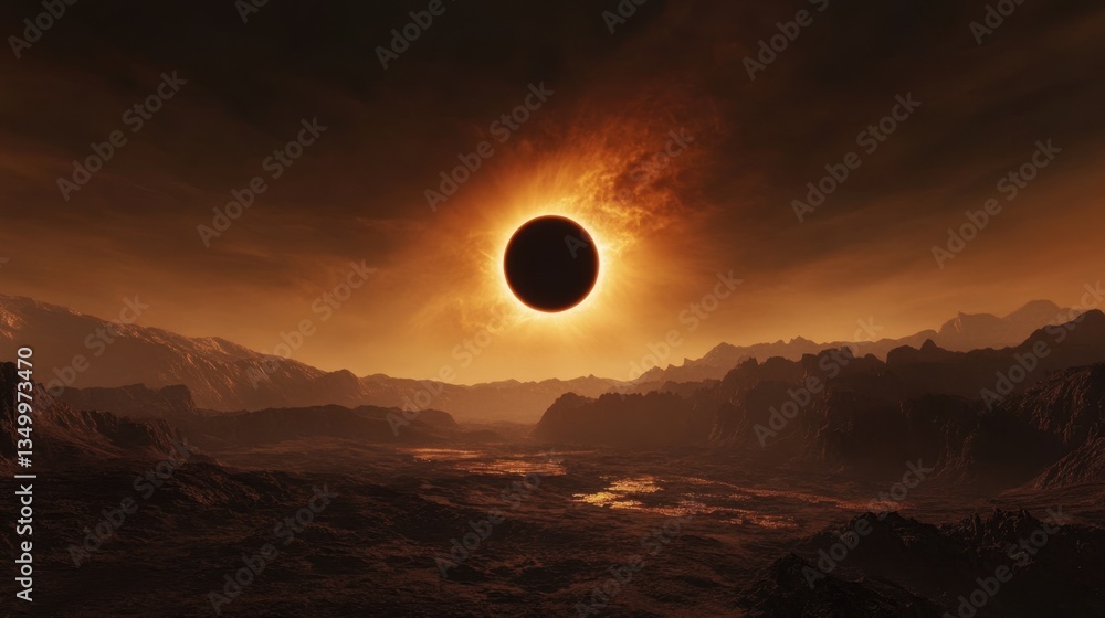 Celestial Phenomenon: An awe-inspiring capture of a solar eclipse over a stark, rocky landscape, a moment where light and shadow dance in a dramatic display of cosmic wonder. Celestial Phenomenon: An awe-inspiring capture of a solar eclipse over a stark, rocky landscape, a moment where light and shadow dance in a dramatic display of cosmic wonder.