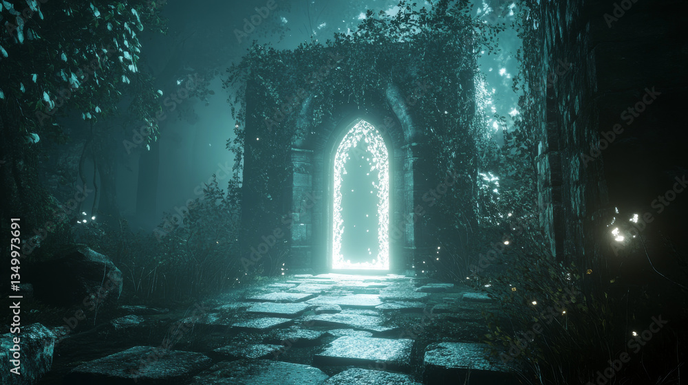 Fototapeta premium Door opening with glow, discovery, opportunity, exit concept with light shine from open doorway in dark room with sparks or mysterious radiance inviting to enter, Realistic 3d vector illustration