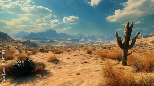 Majestic Desert Landscape Under a Vast Blue Sky With Distant Mountains and De...