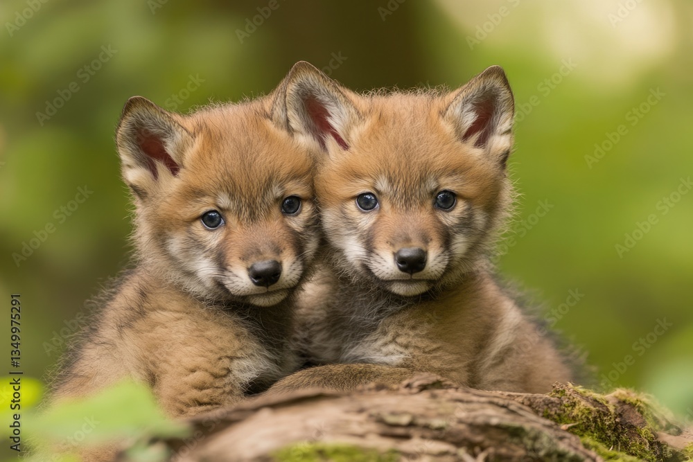 Fototapeta premium Adorable Wolf Cubs Playing in a Natural Setting: Small Wild Creatures with Soft Fur
