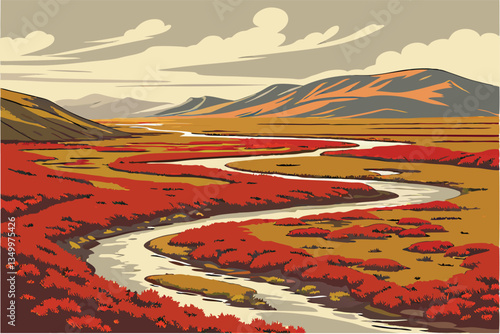 81 Icelandic landscape, winding river, vibrant red moss, autumn colors, rolling hills, distant mountains, aerial view, dramatic scenery, tundra vegetation, subarctic environment, painterly effect, sof