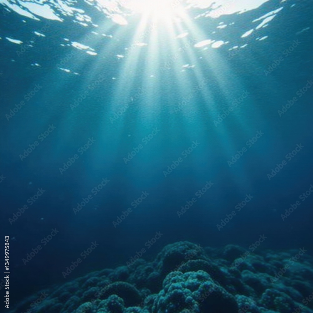 Obraz premium Submerged perspective of dark blue ocean surface with gentle waves and sunlight filtering down from above, calm, serenity