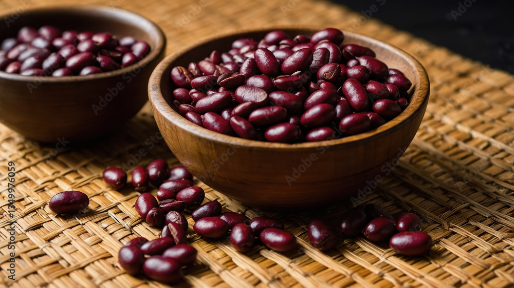 Two wooden bowls overflowing with kidney beans resting on a woven table mat Two wooden bowls overflowing with kidney beans resting on a woven table mat