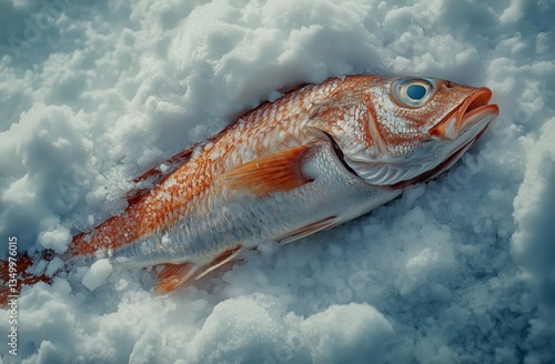 Fresh Orange Fish Resting on a Bed of Ice for Seafood Presentation