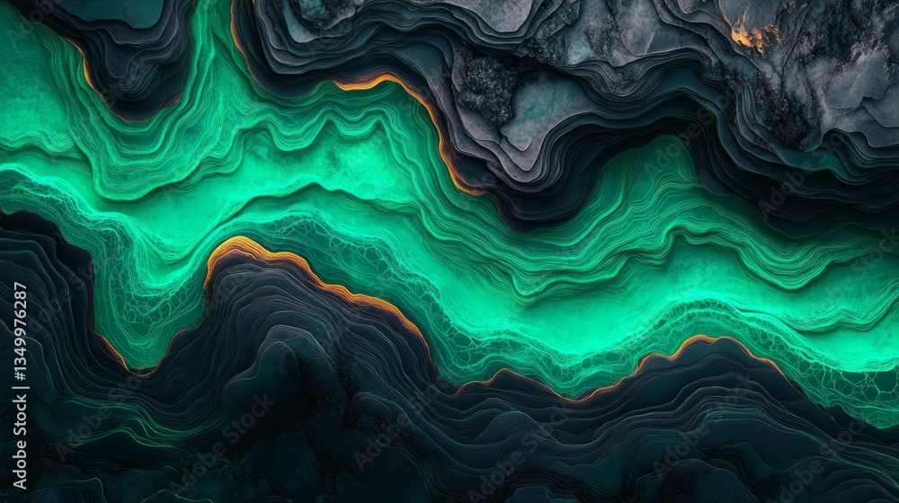 Obraz premium Abstract representation of layered geological formations with vibrant green hues